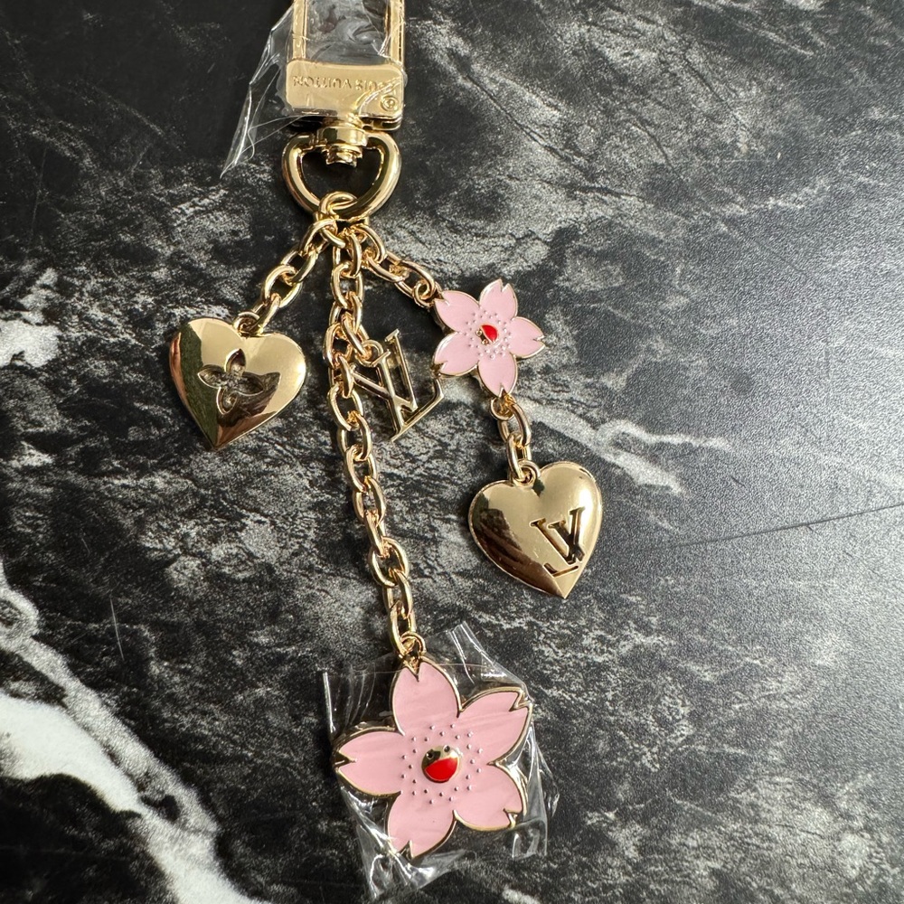 Cherry Blossom Gold and Pink Bag Charm - Picture 2 of 4